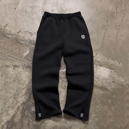 Calça de Moletom Outono com Cordão e Zíper Cor Sólida Casual High Street Hip-Hop Rap Street Estilo Y2K Cintura Alta