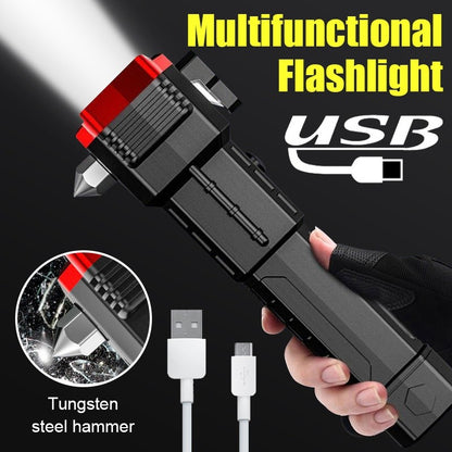 Lanterna LED com Martelo de Segurança, Luz de Trabalho, Emergência, Autossalvamento, Quebra-vidros, Recarregável USB, Tática, Lampião