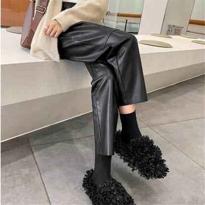 Autumn Winter PU Leather Vintage Women's Ankle Length Pants 2024 New High Waist Zipper Black Straight Pants Female Pockets