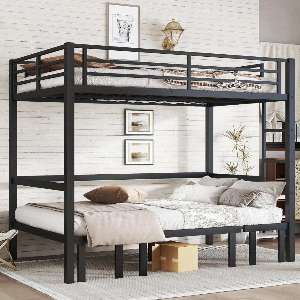 Over Full Bunk Bed with Guardrails, Convertible Metal Loft Bed with Sofa & Lower Bed, Full Size Bunk Beds Pull-Out