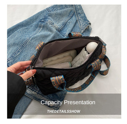 Women Wide Shoulder Belt Handbag Fall/Winter Rhombus Space Cotton Shoulder Bag Large Capacity All-Match Shopping Tote Bag