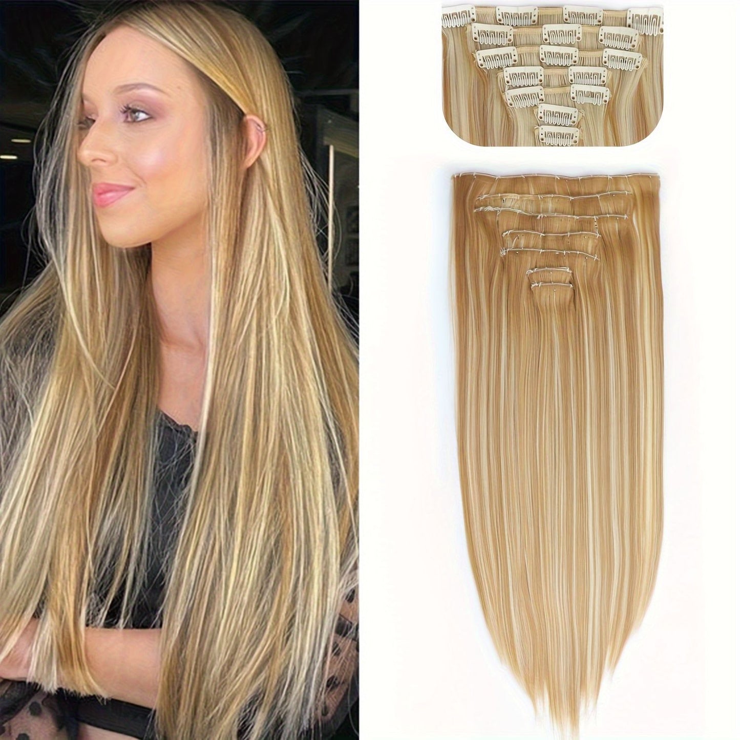 Cabelo Liso Comprido 16 Clipes 7 Pçs/Conjunto de Apliques de Cabelo Sintético Natural Loiro Preto Resistente ao Calor 2026