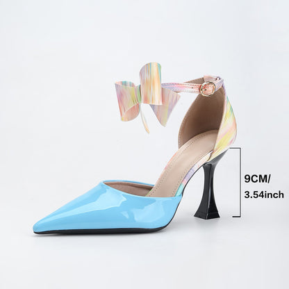 9CM High Heels Dress Shoes Summer Bowknot  Ankle Strap Blue Pointed Toe Women Sandals Ladies 2025 Elegant Outdoors Walking Shoes