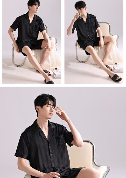 Ice Silk Pajamas Men's Spring and Summer Light and Breathable Simulation Silk Satin Short-sleeved Shorts Youth Simple Loungewear