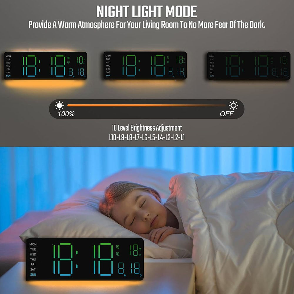 Digital LED Wall Clock with Remote Control Calendar Colorful Night Light Temperature for Living Room Bedroom Office Smart Home