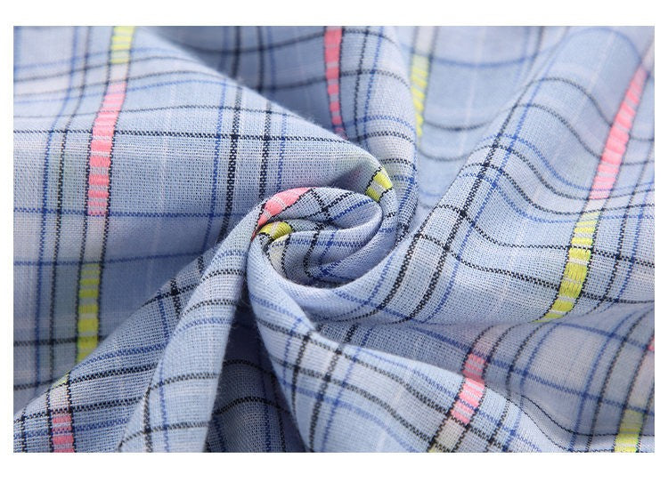 Ice Blue Plaid Long Sleeve Shirt Unisex Premium Cleanfit Denim Fabric V-neck Open Cardigan Style Holiday Vibes Short Length