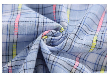 Ice Blue Plaid Long Sleeve Shirt Unisex Premium Cleanfit Denim Fabric V-neck Open Cardigan Style Holiday Vibes Short Length