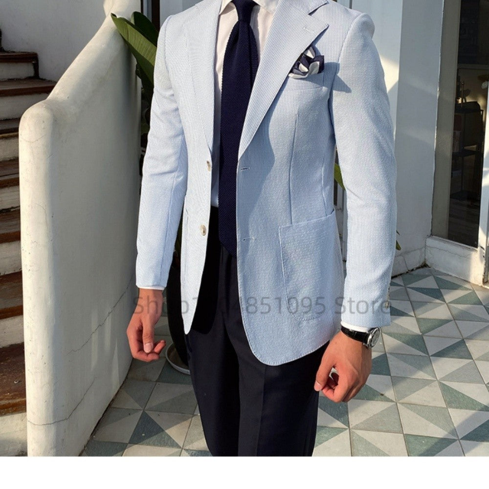 Summer Seersucker 2-Piece Men's Blue Striped Blazer Suit with Notched Lapel Casual Wedding Fine Fit Trousers Male Fashion