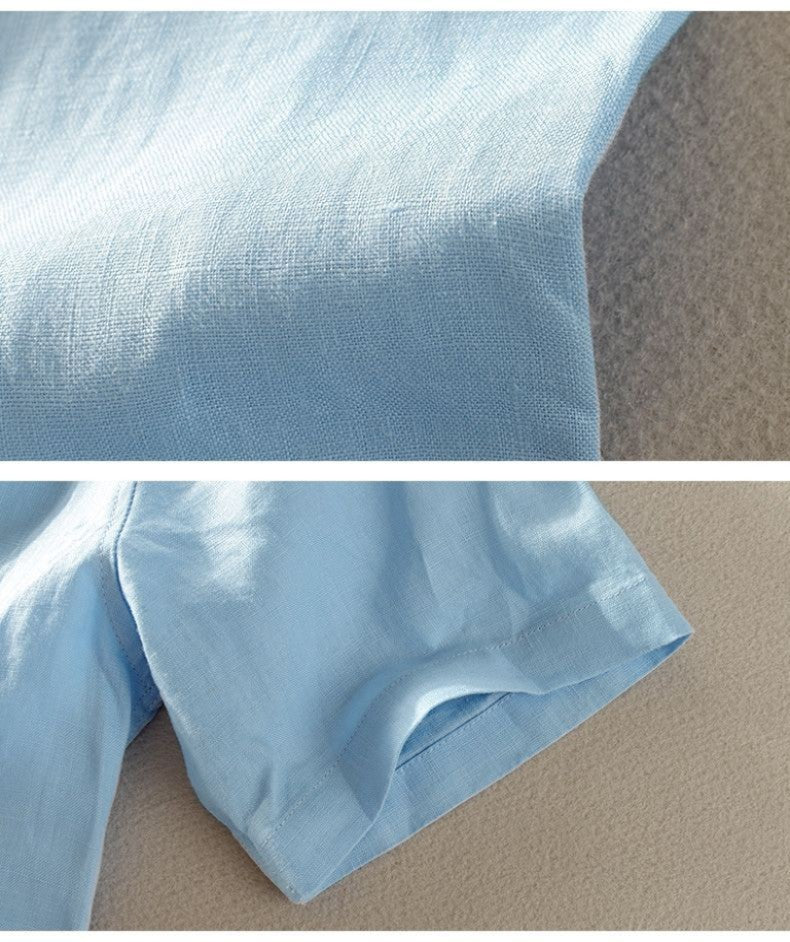 100% Linen Short Sleeve Shirt Men Cotton Linen Clothing Top Casual Summer Half Sleeve Shirt Loose Style Square Collar