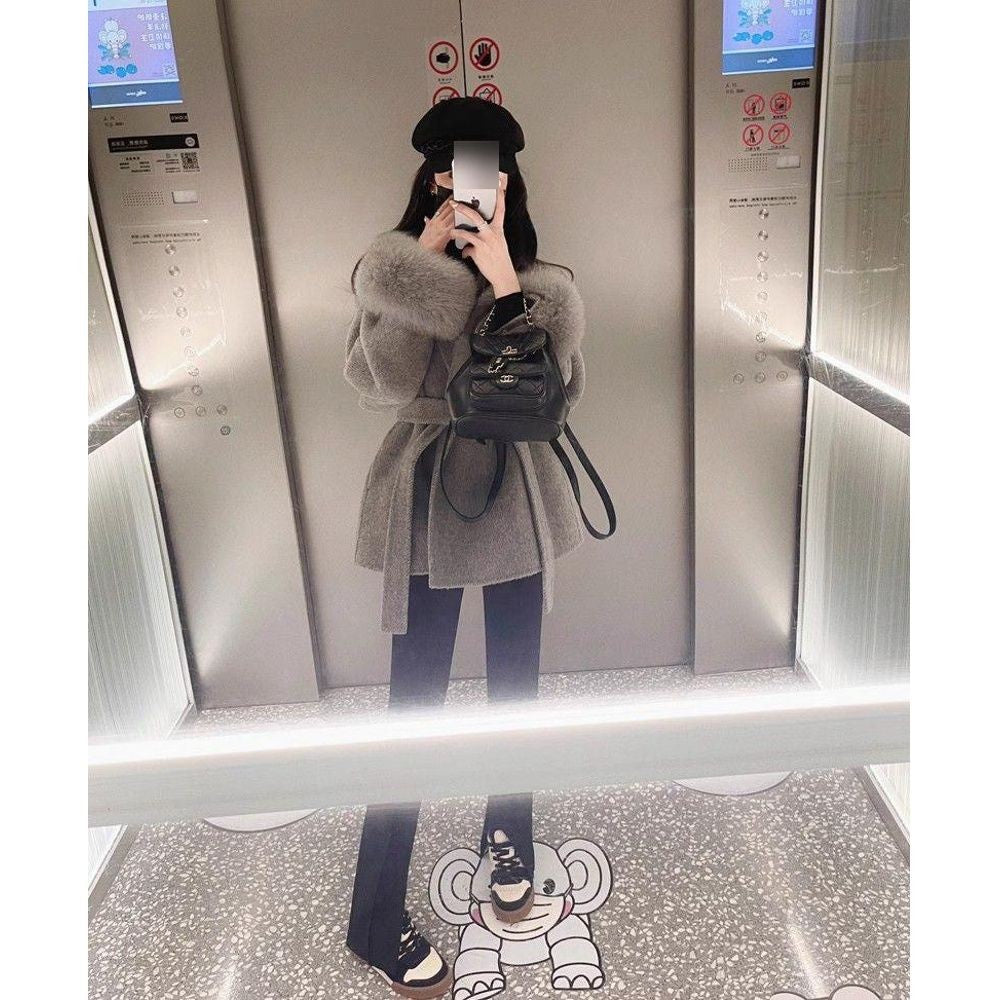 Fox-wool Double-faced Tweed Charming Fur Coat Fashionable Mid-length