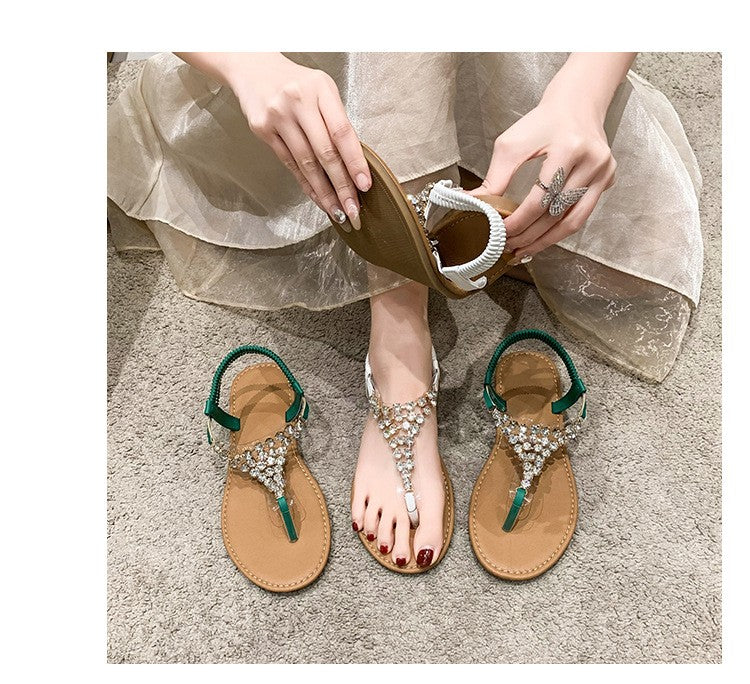 Summer New Flat Transparent Rhinestones Pintoe Women's Sandals, Fashion Casual Light Beach Cool, Shoes Women