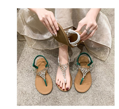 Summer New Flat Transparent Rhinestones Pintoe Women's Sandals, Fashion Casual Light Beach Cool, Shoes Women