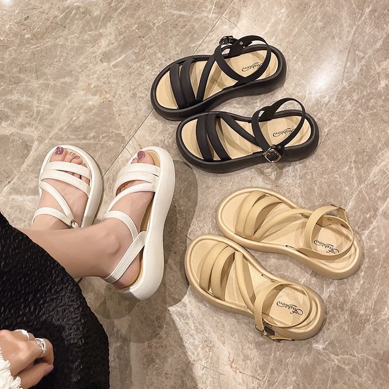Sexy Model Buckle Sandals Travel Slippers 2025 Summer Fashion Non-slip Round Toe Hollow Comfortable Casual Flat Shoes