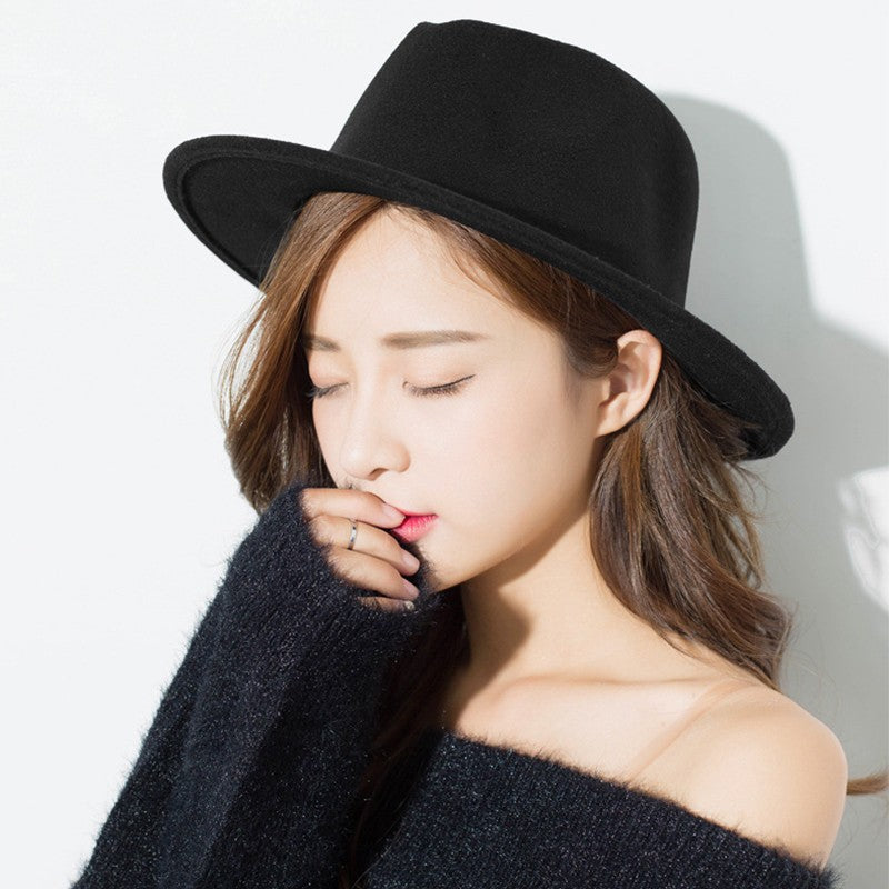 Flat Top Fedoras Hats for Women Solid Color Imitation Woolen Jazz Cap Elegant British Wide Brim Ladies Caps Bowler Hats Fedora