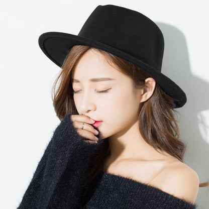 Flat Top Fedoras Hats for Women Solid Color Imitation Woolen Jazz Cap Elegant British Wide Brim Ladies Caps Bowler Hats Fedora