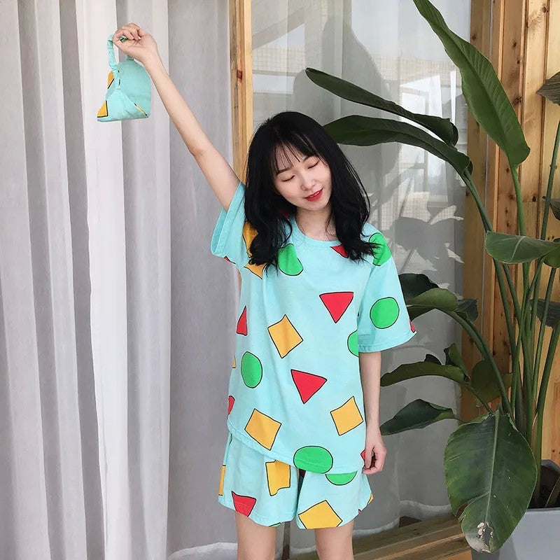 Japanese pajamas women's short-sleeved crayons Xiaoxin round neck with Korean loungewear trousers two-piece set