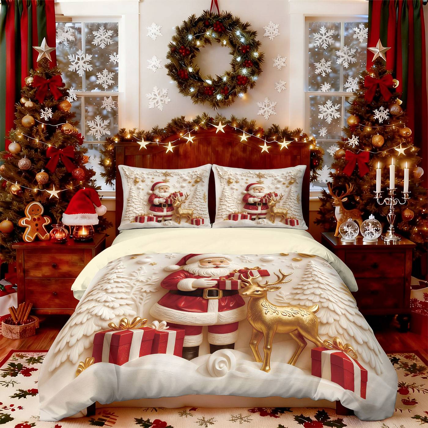 Jogo de Cama Sem Fio com Estampa de Boneco de Neve Feliz Natal 3 Peças Vários Tamanhos Decoração de Quarto Lavável na Máquina