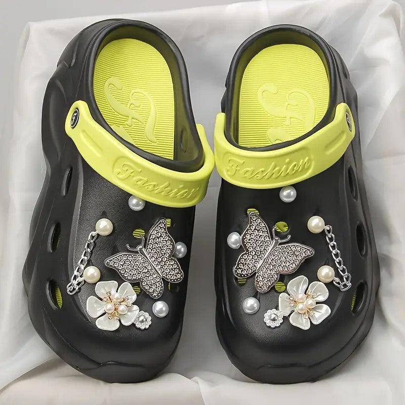 Silver Butterfly Platform Sandals for Women Summer Fashion Pearl Flower Decor Clogs Shoes Woman Thick Bottom EVA Beach Slippers