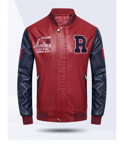 Spring and Autumn Men's Motorcycle Suit Leather jacket Color blocking American baseball collar pilot casual PU leather jacket