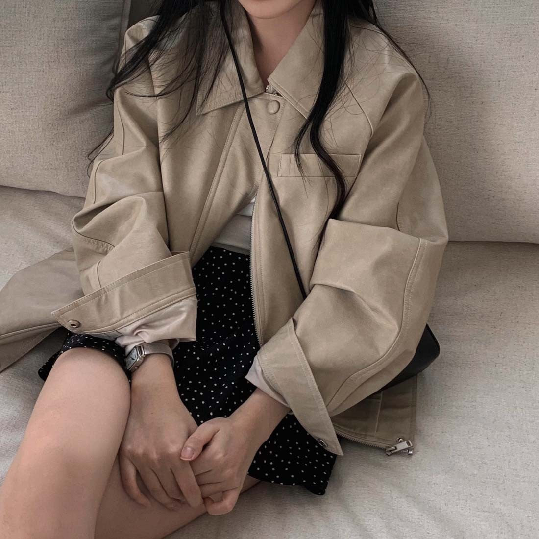 Sli Loose PU Leather Jaet Women's Chic Retro Collar Versatile BF Sle Motorcycle Clothes Trendy Long Sve Zipper