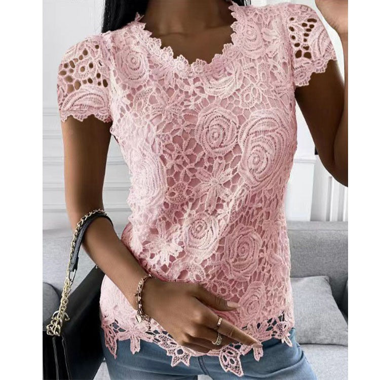 Women Lace Blouse Tops Summer V Neck Short Sleeve Lace Patchwork OL Blouse Shirts LRFZ-9911