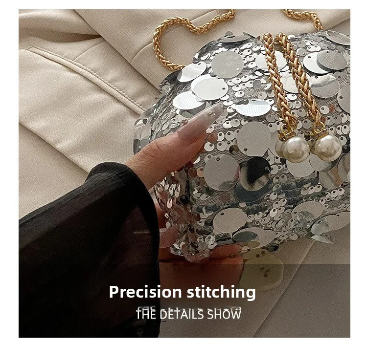 Sequin Chain Women's Portable Bucket Shoulder Bags Retro Ladies Dinner Party Clutch Purse Luxury Design Female Crossbody Bag