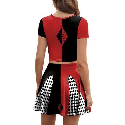 Movie Clown Cosplay Costume Halloween Harry Q Party Outfit Red Black Crop Top Performance Pleated Skirt Carnival Holiday Dresses
