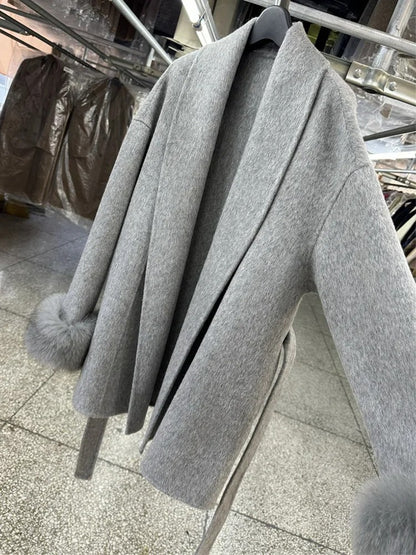 New Natural Fox Fur Thick Double-sided Wool Coat Female Short Autumn Winter Loose Lace-up Woolen Coats Women Fashion Overcoats