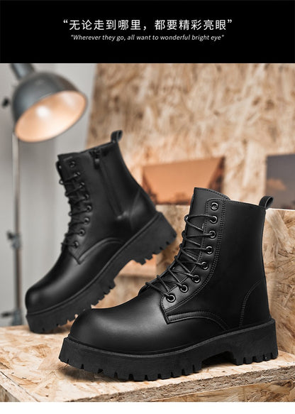 Botas casuais de casal, para quatro estações, masculinas e femininas, de cano alto, em couro, fashion, com sola grossa, antiderrapantes, plus size, para uso ao ar livre