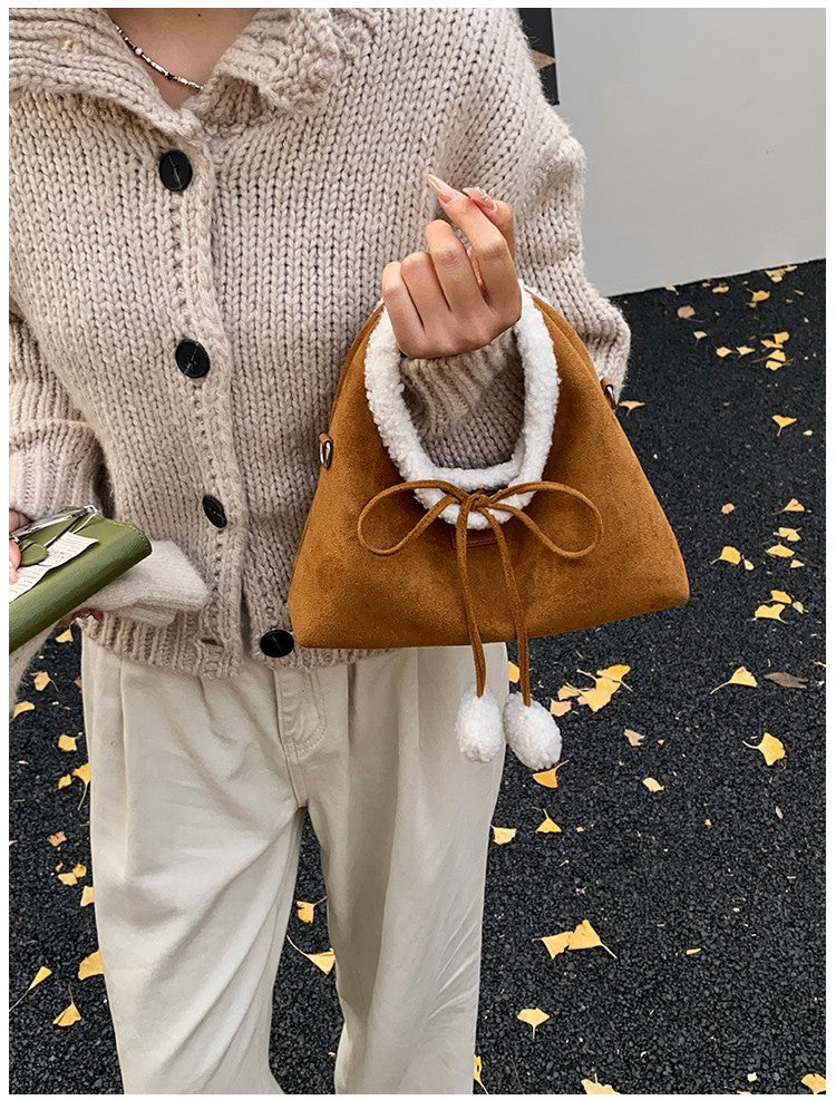 Faux Suede Solid Color Bow Hairy Cute Women's Handbags Christmas Gift Giving Fashion Bags 2025 Autumn/winter New Shoulder Bags