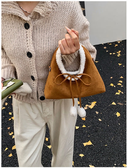 Faux Suede Solid Color Bow Hairy Cute Women's Handbags Christmas Gift Giving Fashion Bags 2025 Autumn/winter New Shoulder Bags