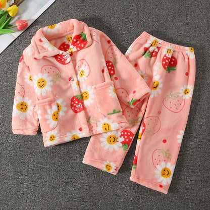 High Quality Coral Fleece Flannel Cute Cartoon Pattern Pajama Sets Boys and Girls Long Sleeve Warm Comfortable Winter Sleepwear