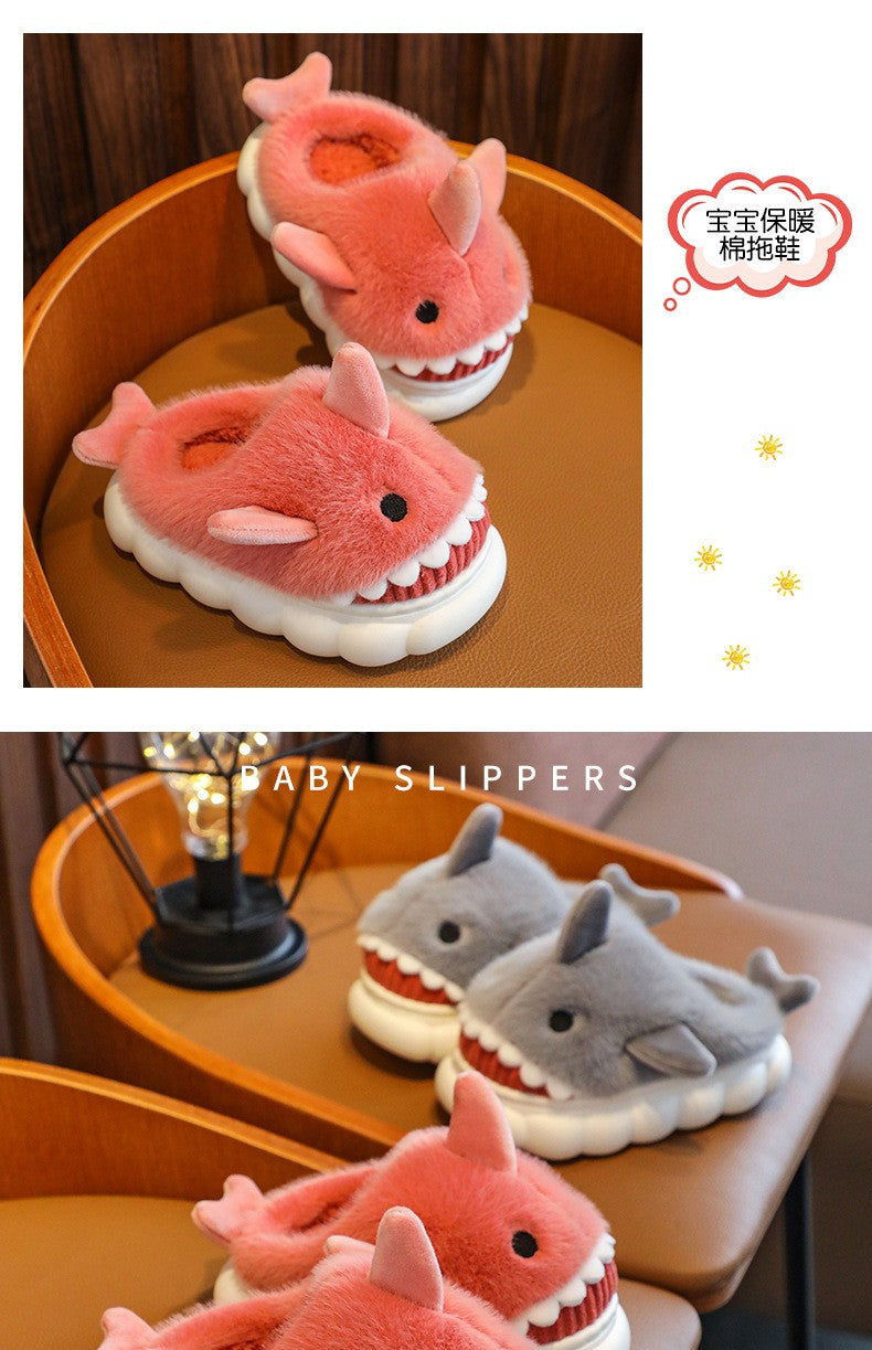 Winter Heel Wrap Cotton Children's Slippers Cute Cartoon Shark Non-slip Soft Sole Kids Boys Girls Junior Warm Plush Home Shoes