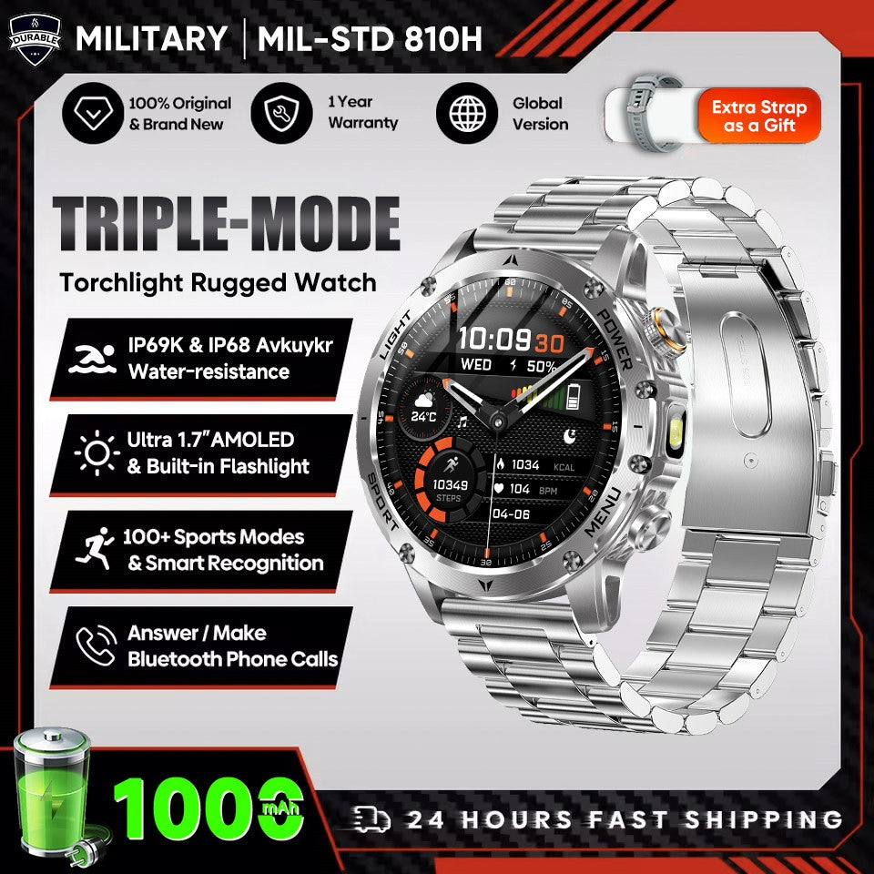 New Outdoor Sports Smart Watch 1.7" HD AMOLDE Screen 1000mAh Battery LED Flashlight IP68 Waterproof BT Call Military Smartwatch