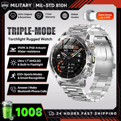 New Outdoor Sports Smart Watch 1.7" HD AMOLDE Screen 1000mAh Battery LED Flashlight IP68 Waterproof BT Call Military Smartwatch