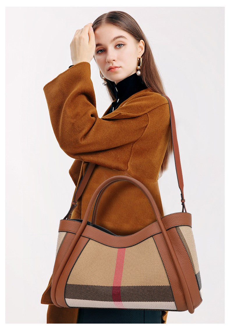 Aidrani  2025 New retro checkered women's handbag, large capacity luxury bag, canvas genuine leather bag