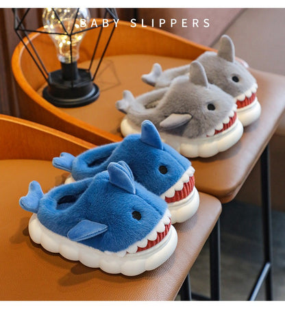 Winter Heel Wrap Cotton Children's Slippers Cute Cartoon Shark Non-slip Soft Sole Kids Boys Girls Junior Warm Plush Home Shoes