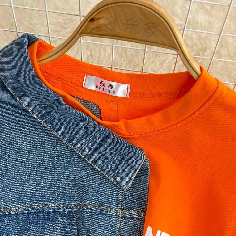 XFPV Women's Sweet high Waist Wrap Belt Round Neck patchwork Denim Shirt  Chic Top Y2k Korean Fashion Spring Summer 2025 SM11327