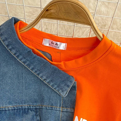 XFPV Women's Sweet high Waist Wrap Belt Round Neck patchwork Denim Shirt  Chic Top Y2k Korean Fashion Spring Summer 2025 SM11327