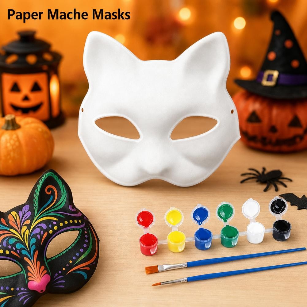 5-30pcs Japanese Mask Paper Blank Mask Halloween Cosplay Cat DIY Paintable Half Face Mask Animal Costume Party Decor Craft Prop