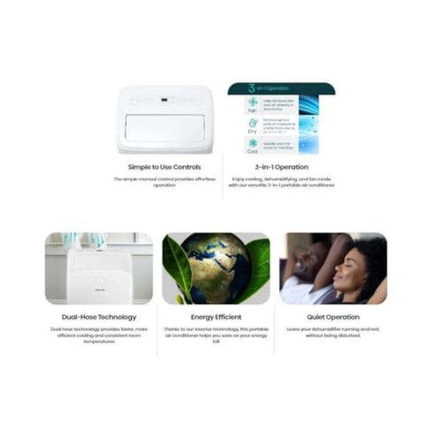 Ar Condicionado Portátil de Mangueira Dupla, 8000 BTU, 350 Pés Quadrados, com Tecnologia Inverter e Conectividade Wi-Fi para Resfriamento Eficiente