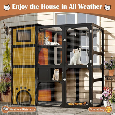 Gatil Externo de Vários Níveis, Resistente às Intempéries, com Plataformas e Quartos para Vários Gatos, Anexado à Janela, Marrom