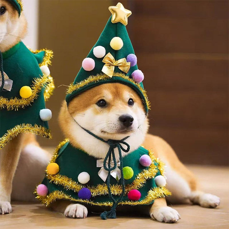 Capa de Natal para gatos e cachorros com chapéu, estrelas e pompons, adequada para cães de pequeno e médio porte durante o Natal