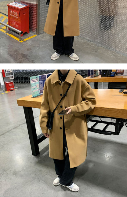 Blends Men X-long Autumn Winter Korean Style Trendy Loose Overcoats Solid Handsome All-match College Harajuku Clothing Mid-calf