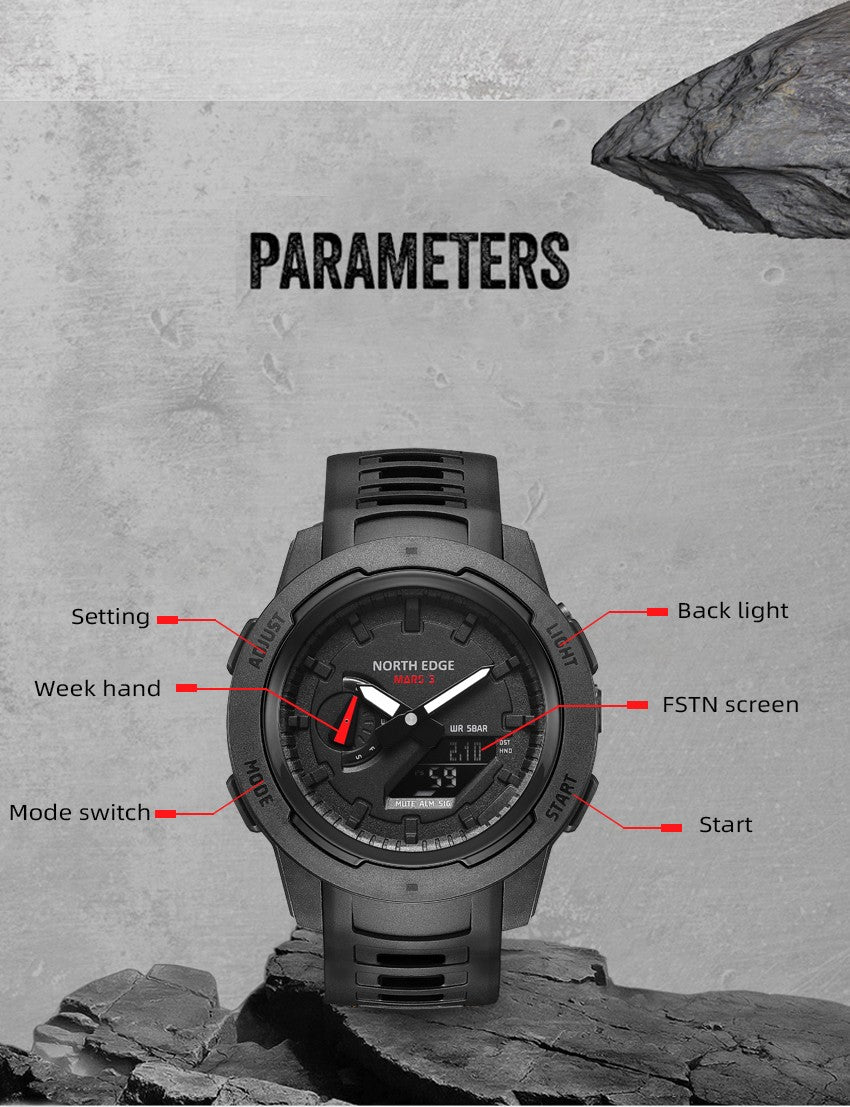 NORTH EDGE Mars 3 Men's Military Watch Digital Carbon Fiber Case For Man Waterproof 50M Sports Watches World Time LED Wristwatch