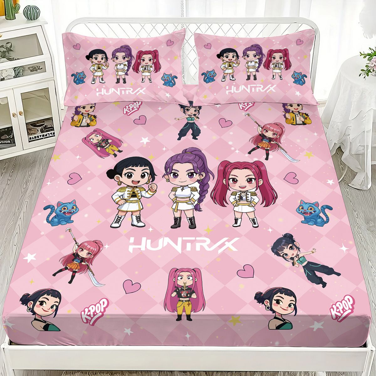3pcs K-Pop Demon Hunters Printed Chipless Bed Sheet Set Multi Size Soft Bed Cover Bedroom Bedding Decoration Machine Washable