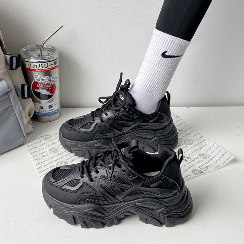 Novos Sapatos Esportivos de Plataforma para Mulheres 2024 Mulheres primavera outono Tênis Casuais Robustos Pretos Sapatos de Plataforma em Malha e Couro para Mulheres