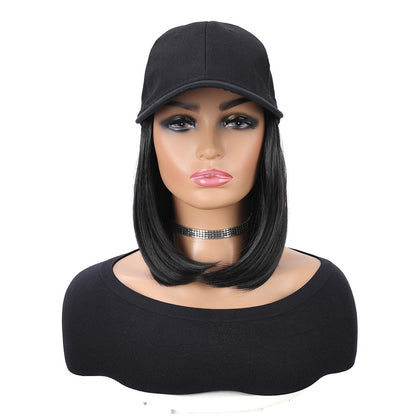 Boné de Beisebol com Extensões de Cabelo Sintético Cabelo Liso Curto Bob Chapéu Peruca Ajustável Removível 25 cm para Mulher Menina