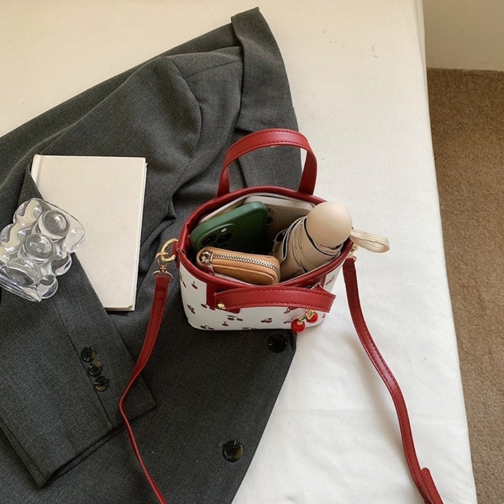 Women PU Cherry Shoulder Bag Large Capacity Trendy Commuting Bag with Cherry Pendant Stylish Crossbody Bag Aesthetic Handbag