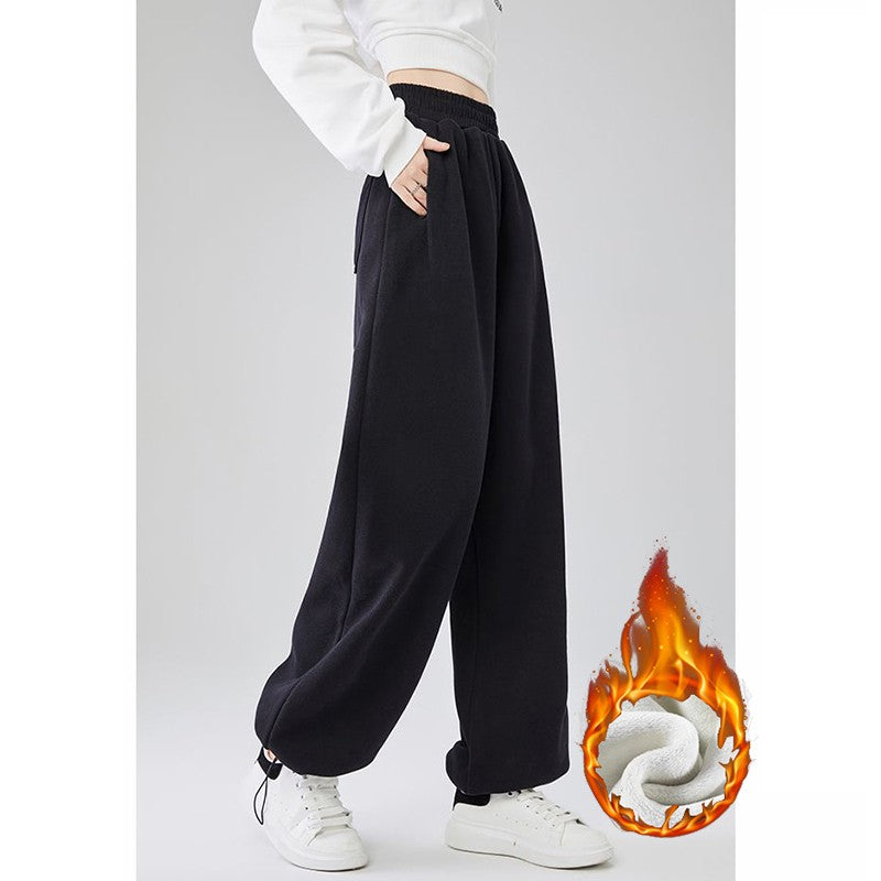 Winter Lady Snow Warm Thin Straight Leg Pants Girls Classic Daily Plush Trousers Women High Waist Thermal Fleece Pants